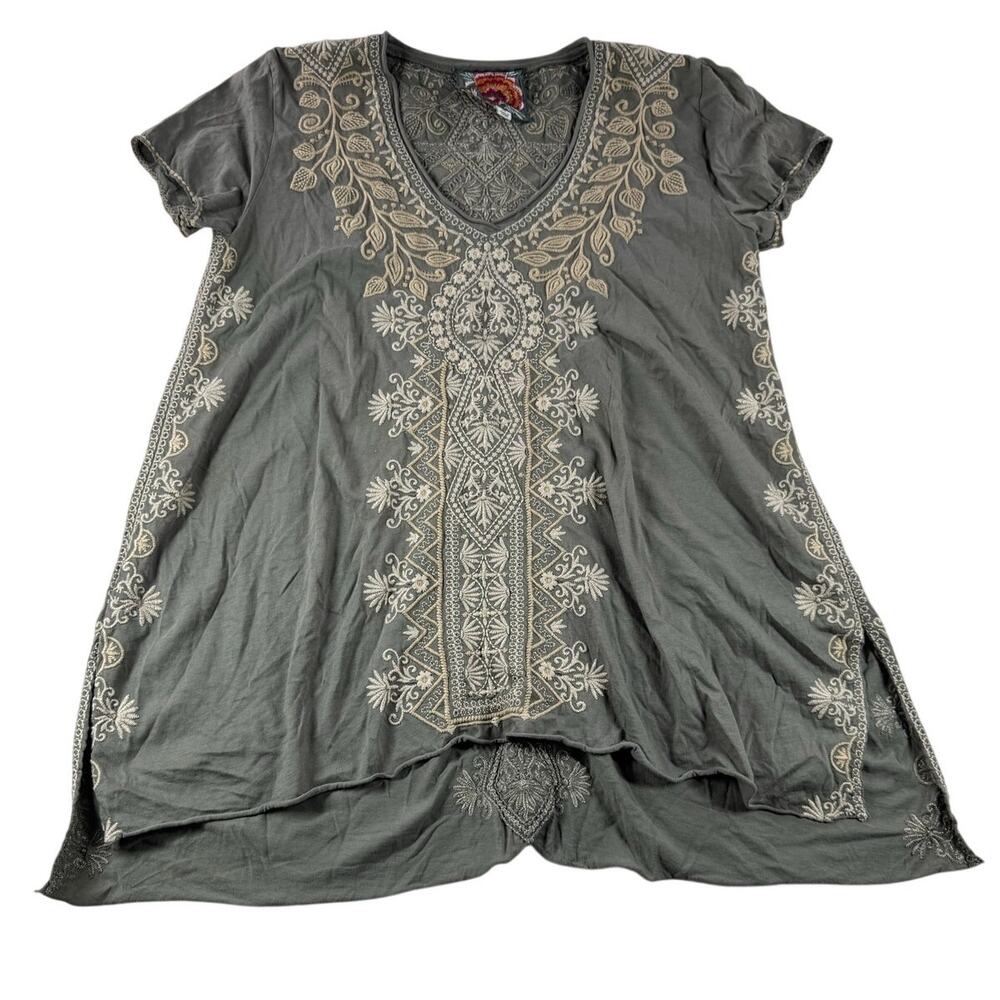Johnny Was Tasya Drape Top XS Floral Embroidery Short Sleeve Blouse Boho Chic